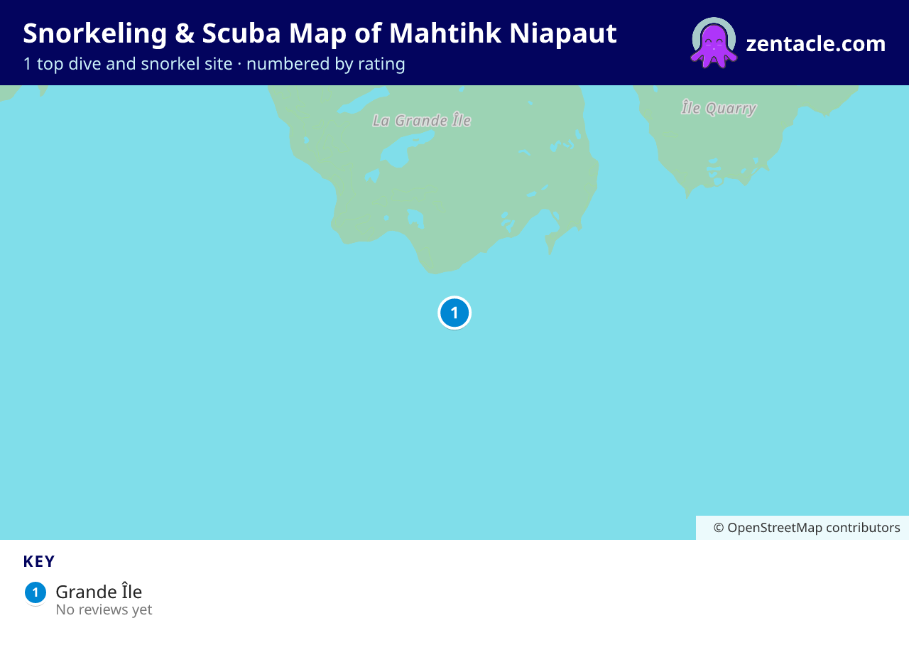 Snorkeling & Scuba Map of Mahtihk Niapaut: numbered map of the top 1 dive and snorkel sites, with ratings