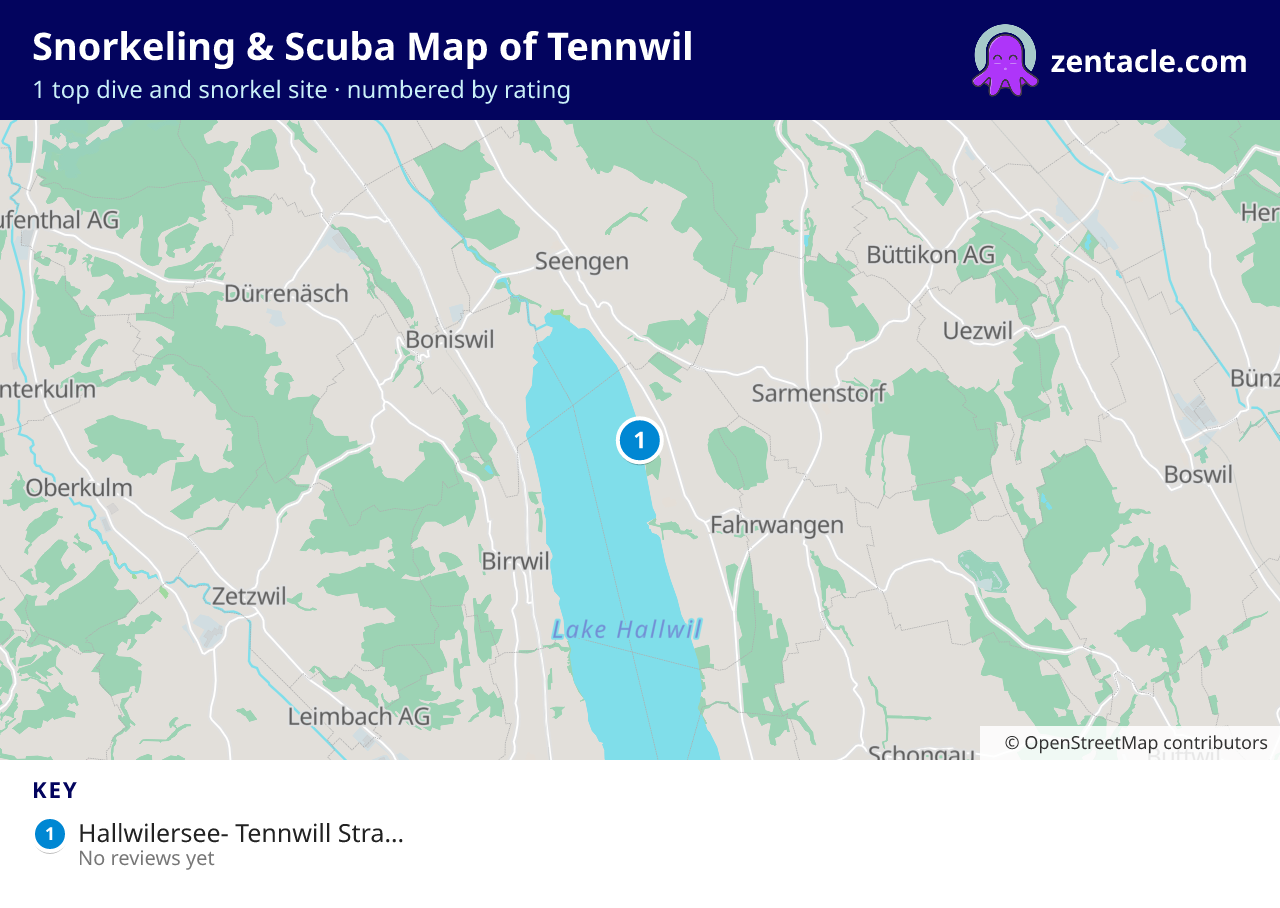 Snorkeling & Scuba Map of Tennwil: numbered map of the top 1 dive and snorkel sites, with ratings