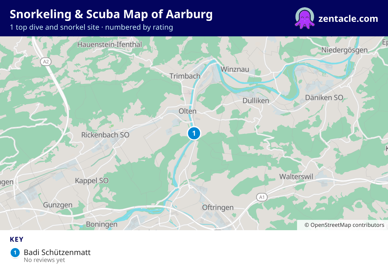 Snorkeling & Scuba Map of Aarburg: numbered map of the top 1 dive and snorkel sites, with ratings