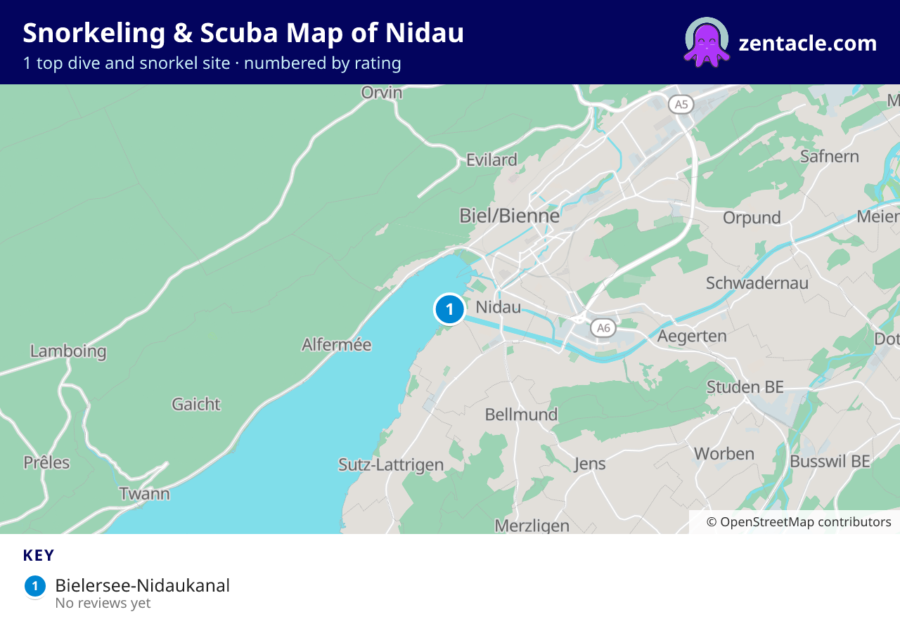 Snorkeling & Scuba Map of Nidau: numbered map of the top 1 dive and snorkel sites, with ratings