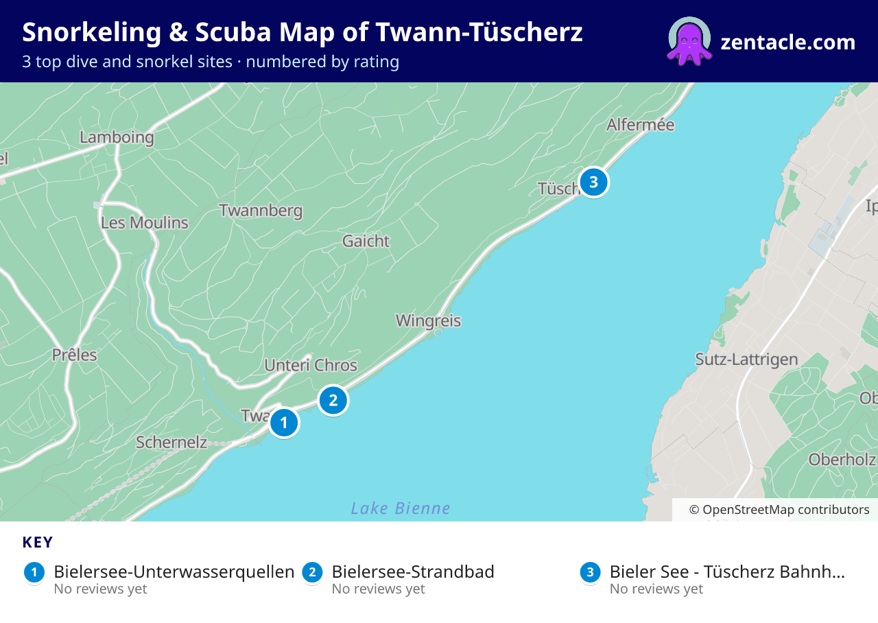 Snorkeling & Scuba Map of Twann-Tüscherz: numbered map of the top 3 dive and snorkel sites, with ratings