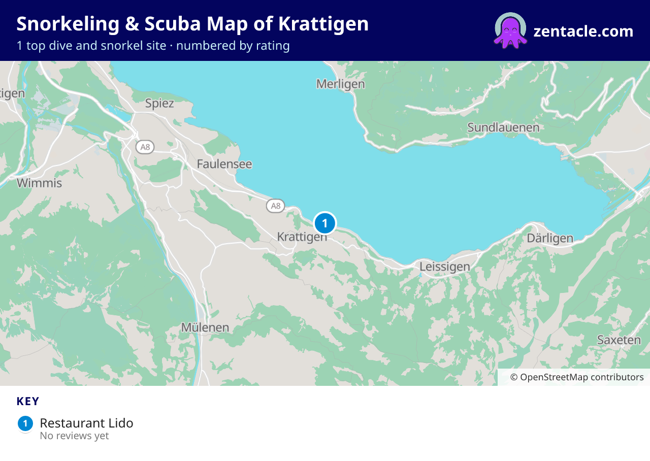 Snorkeling & Scuba Map of Krattigen: numbered map of the top 1 dive and snorkel sites, with ratings