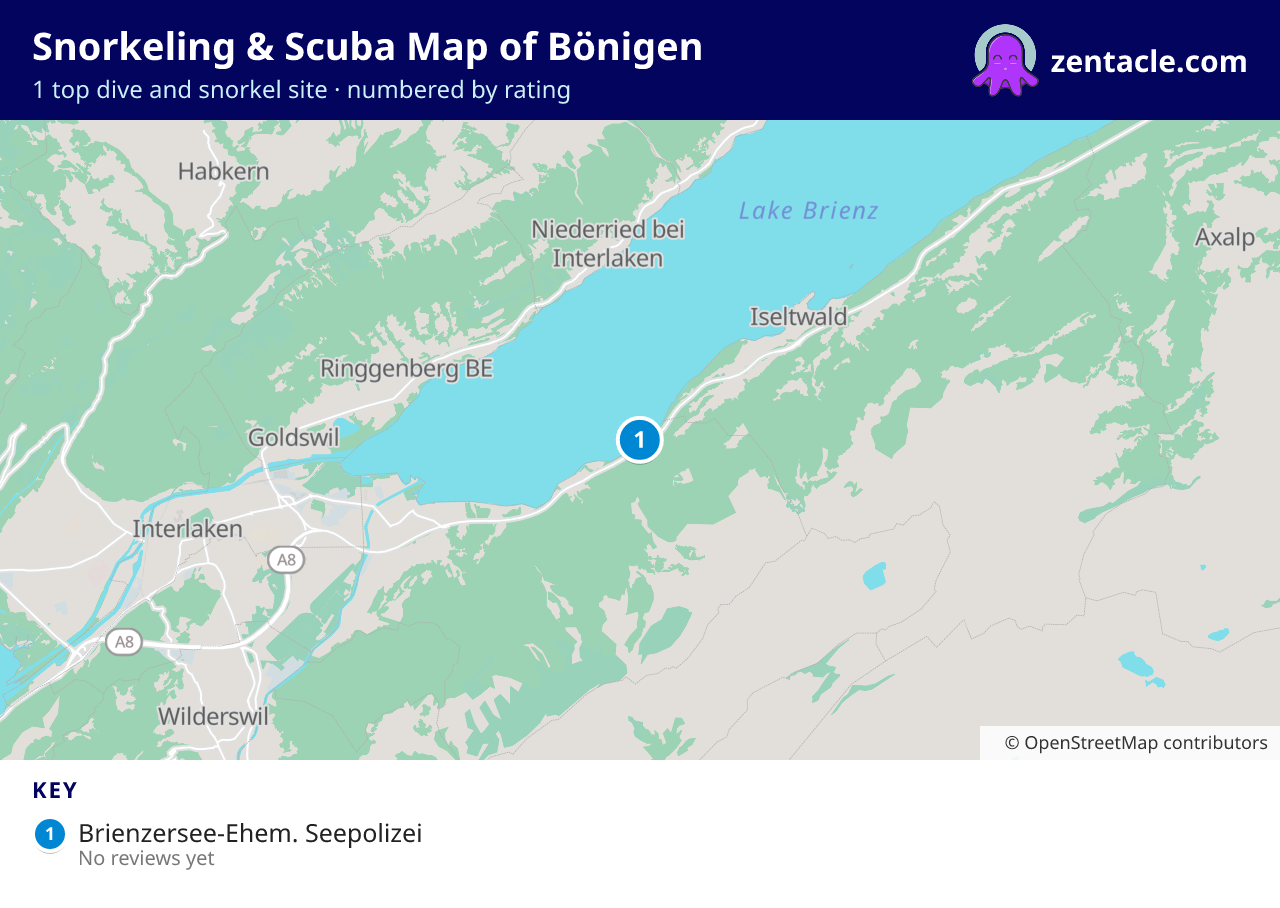 Snorkeling & Scuba Map of Bönigen: numbered map of the top 1 dive and snorkel sites, with ratings