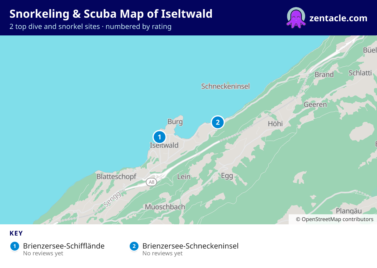 Snorkeling & Scuba Map of Iseltwald: numbered map of the top 2 dive and snorkel sites, with ratings