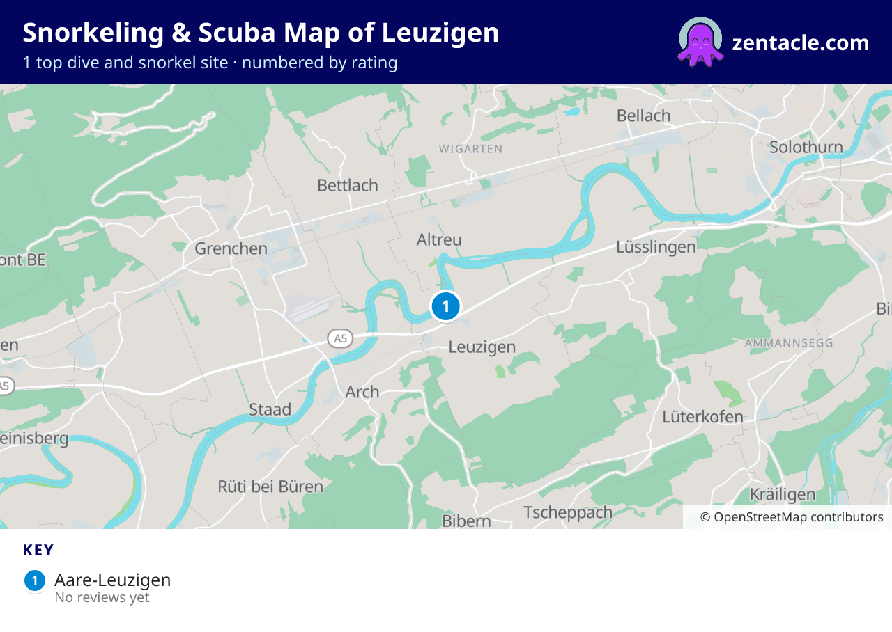 Snorkeling & Scuba Map of Leuzigen: numbered map of the top 1 dive and snorkel sites, with ratings