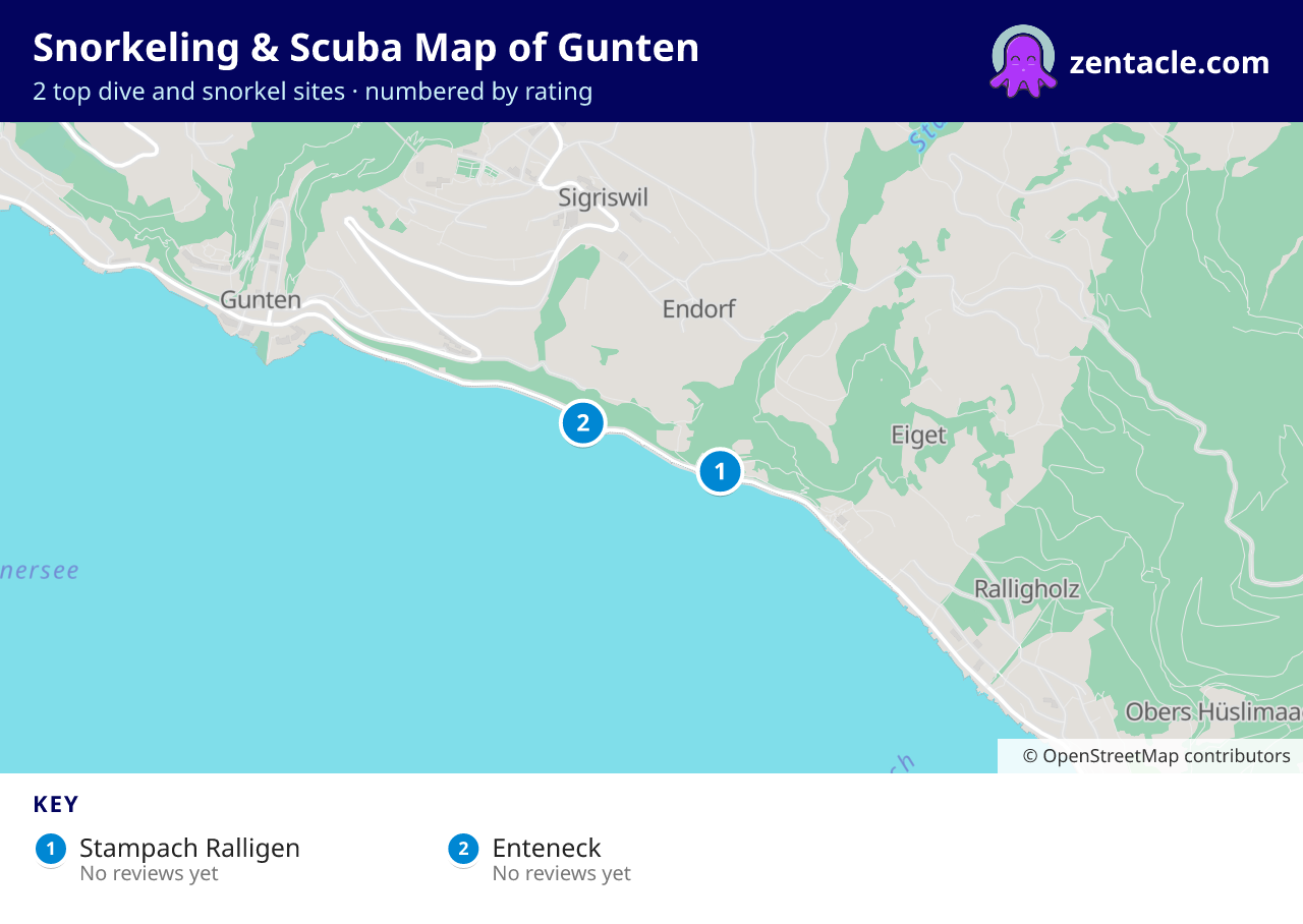 Snorkeling & Scuba Map of Gunten: numbered map of the top 2 dive and snorkel sites, with ratings
