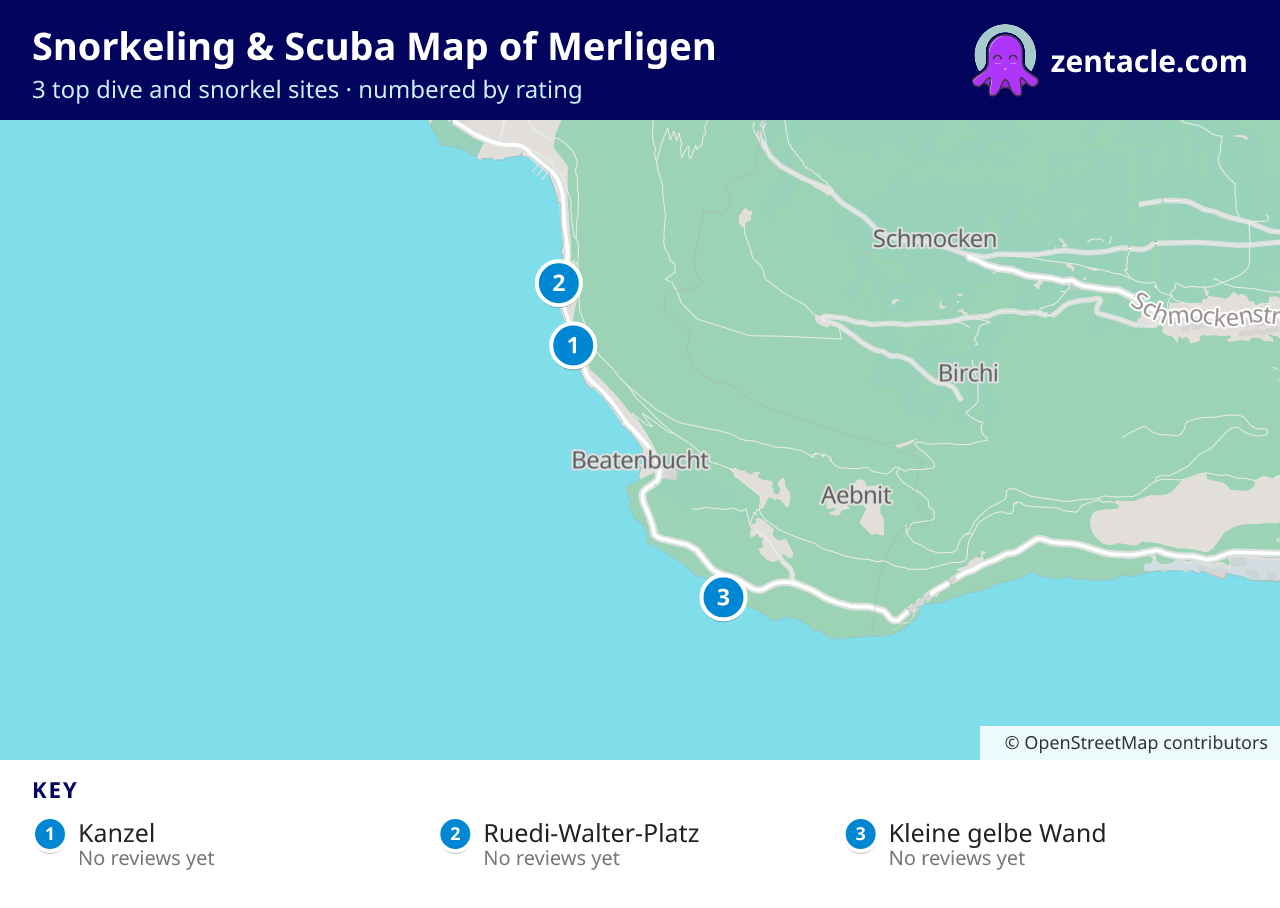 Snorkeling & Scuba Map of Merligen: numbered map of the top 3 dive and snorkel sites, with ratings
