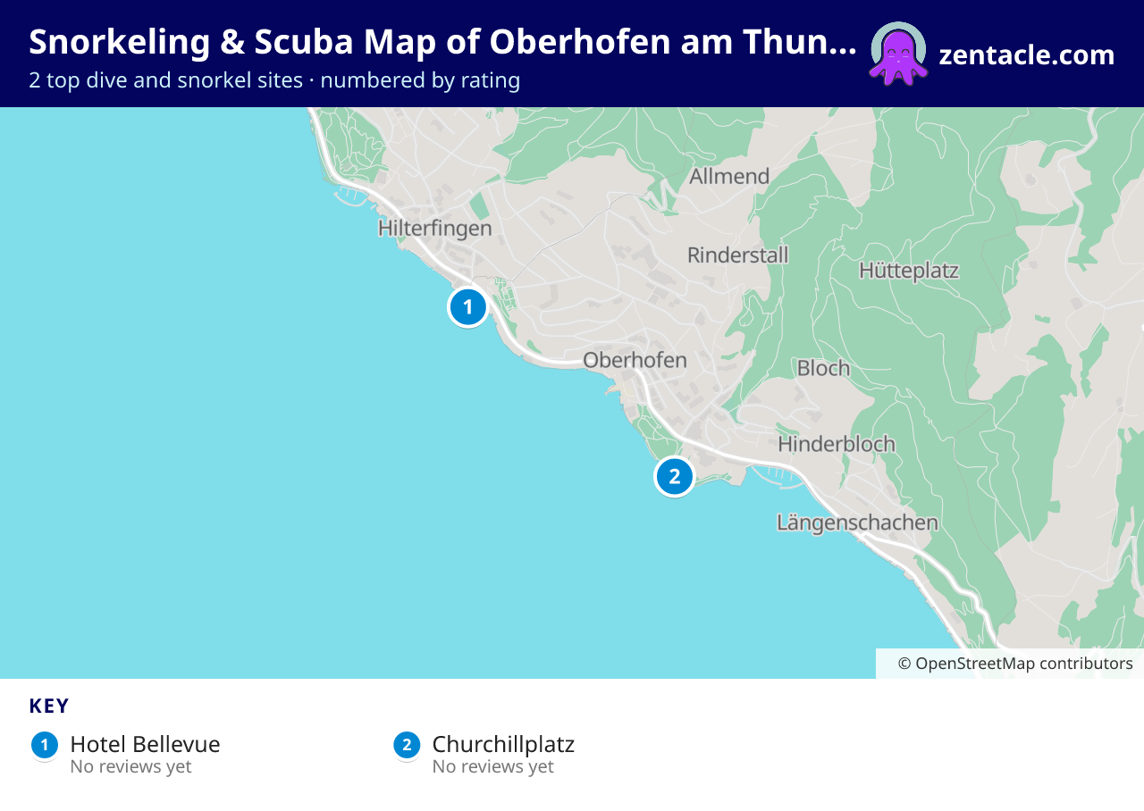 Snorkeling & Scuba Map of Oberhofen am Thunersee: numbered map of the top 2 dive and snorkel sites, with ratings