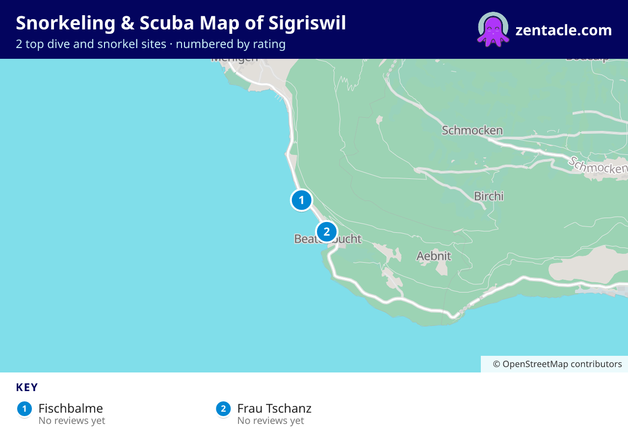 Snorkeling & Scuba Map of Sigriswil: numbered map of the top 2 dive and snorkel sites, with ratings