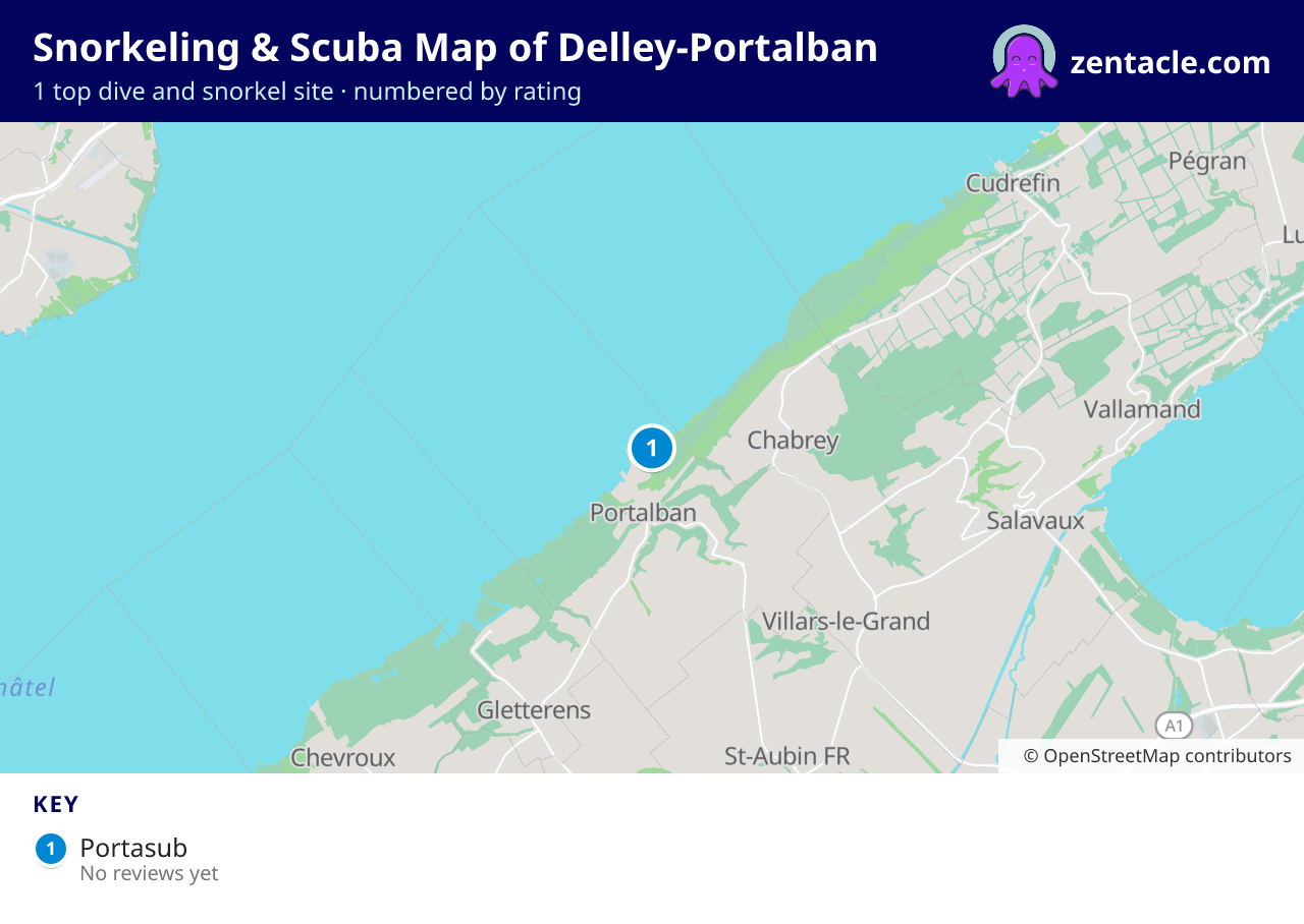 Snorkeling & Scuba Map of Delley-Portalban: numbered map of the top 1 dive and snorkel sites, with ratings