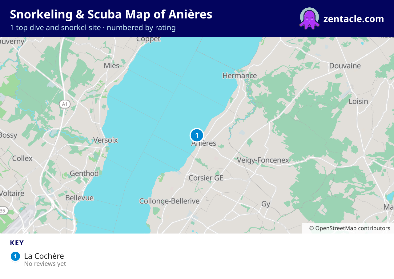 Snorkeling & Scuba Map of Anières: numbered map of the top 1 dive and snorkel sites, with ratings