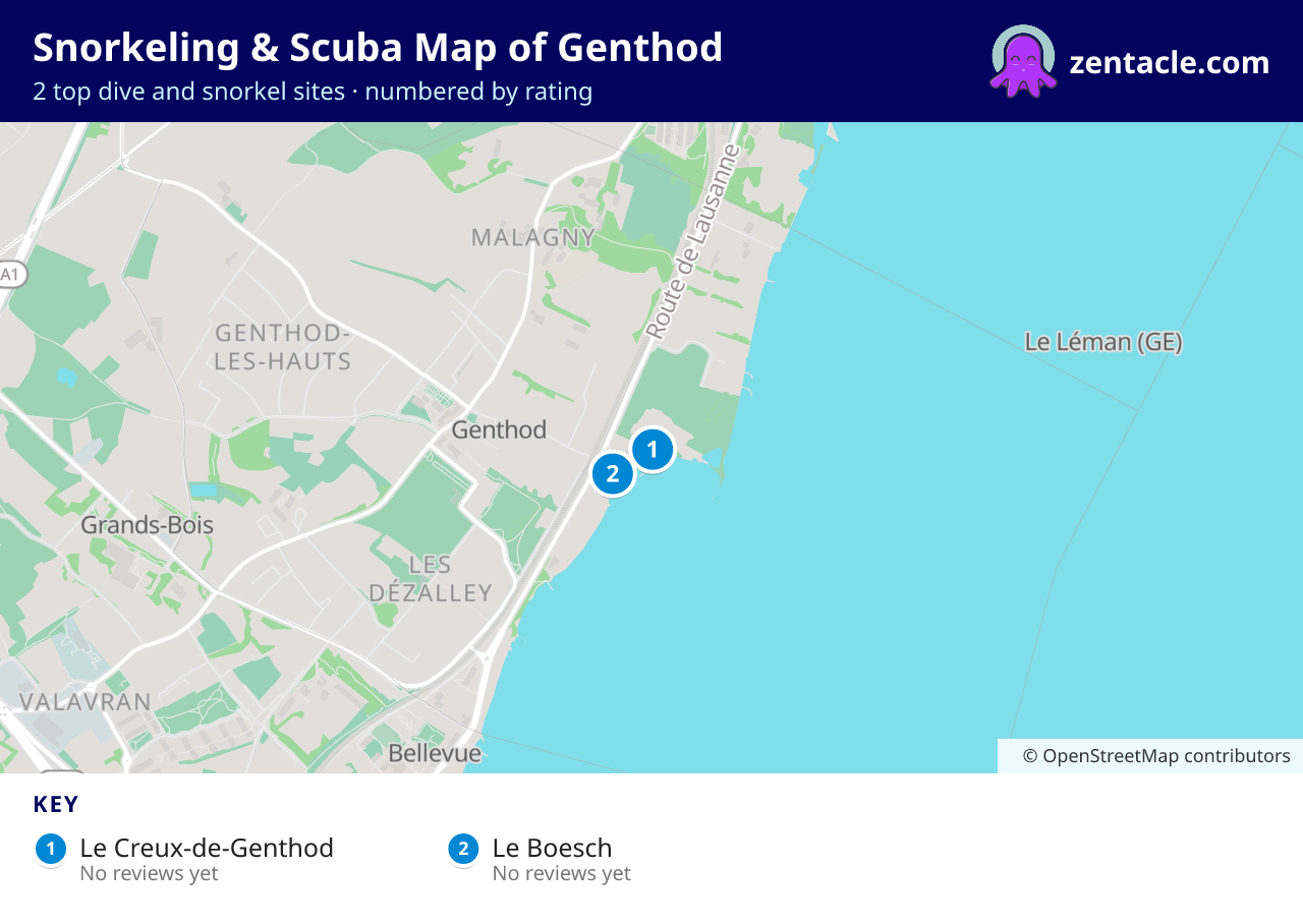Snorkeling & Scuba Map of Genthod: numbered map of the top 2 dive and snorkel sites, with ratings