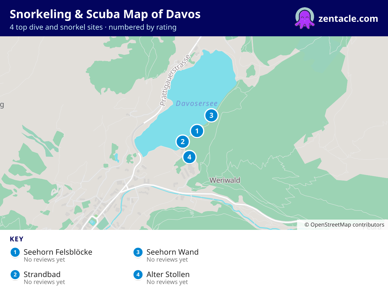 Snorkeling & Scuba Map of Davos: numbered map of the top 4 dive and snorkel sites, with ratings