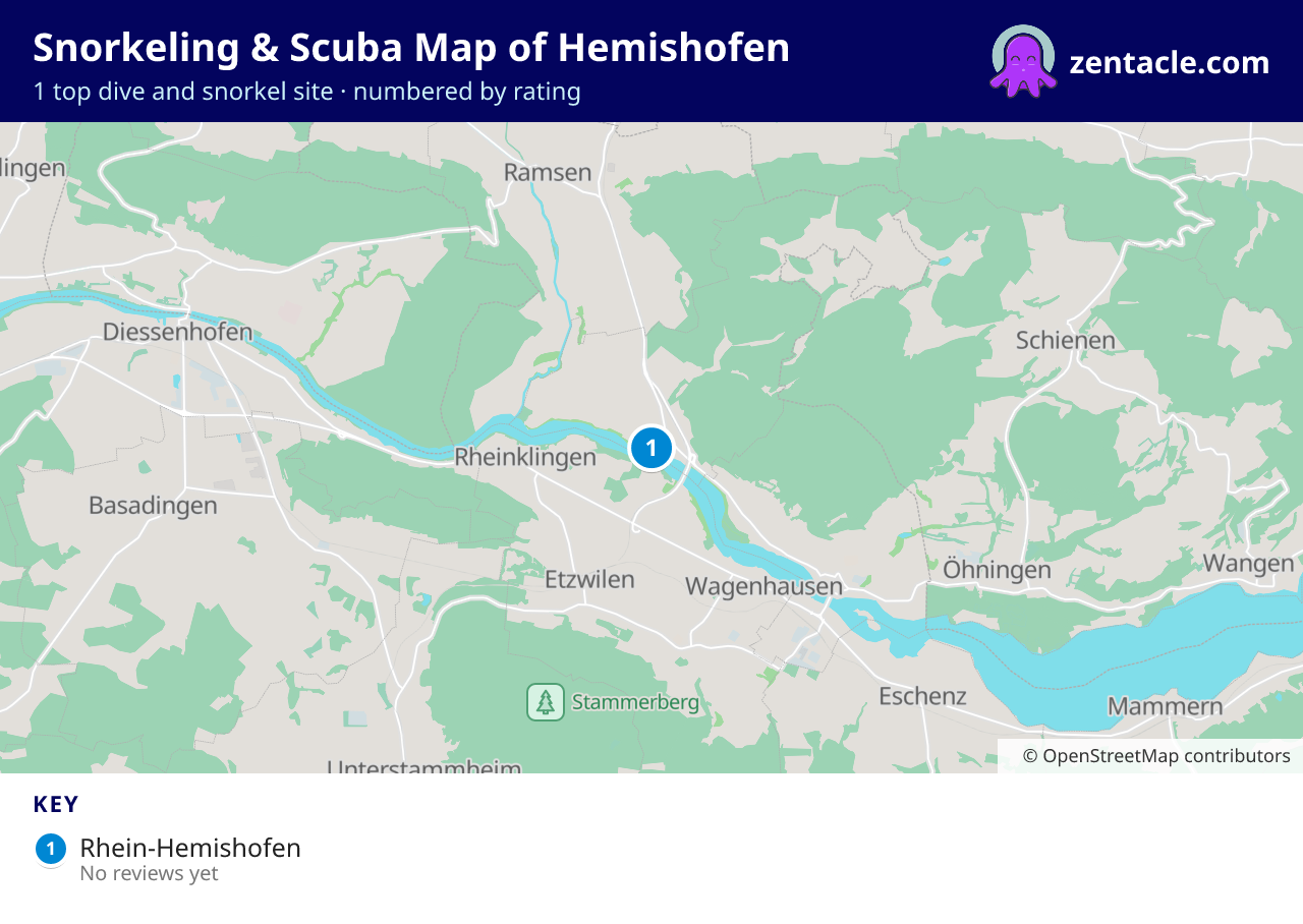 Snorkeling & Scuba Map of Hemishofen: numbered map of the top 1 dive and snorkel sites, with ratings