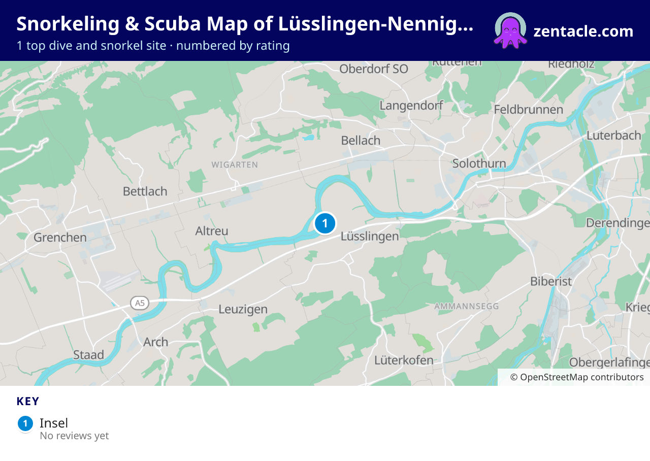 Snorkeling & Scuba Map of Lüsslingen-Nennigkofen: numbered map of the top 1 dive and snorkel sites, with ratings