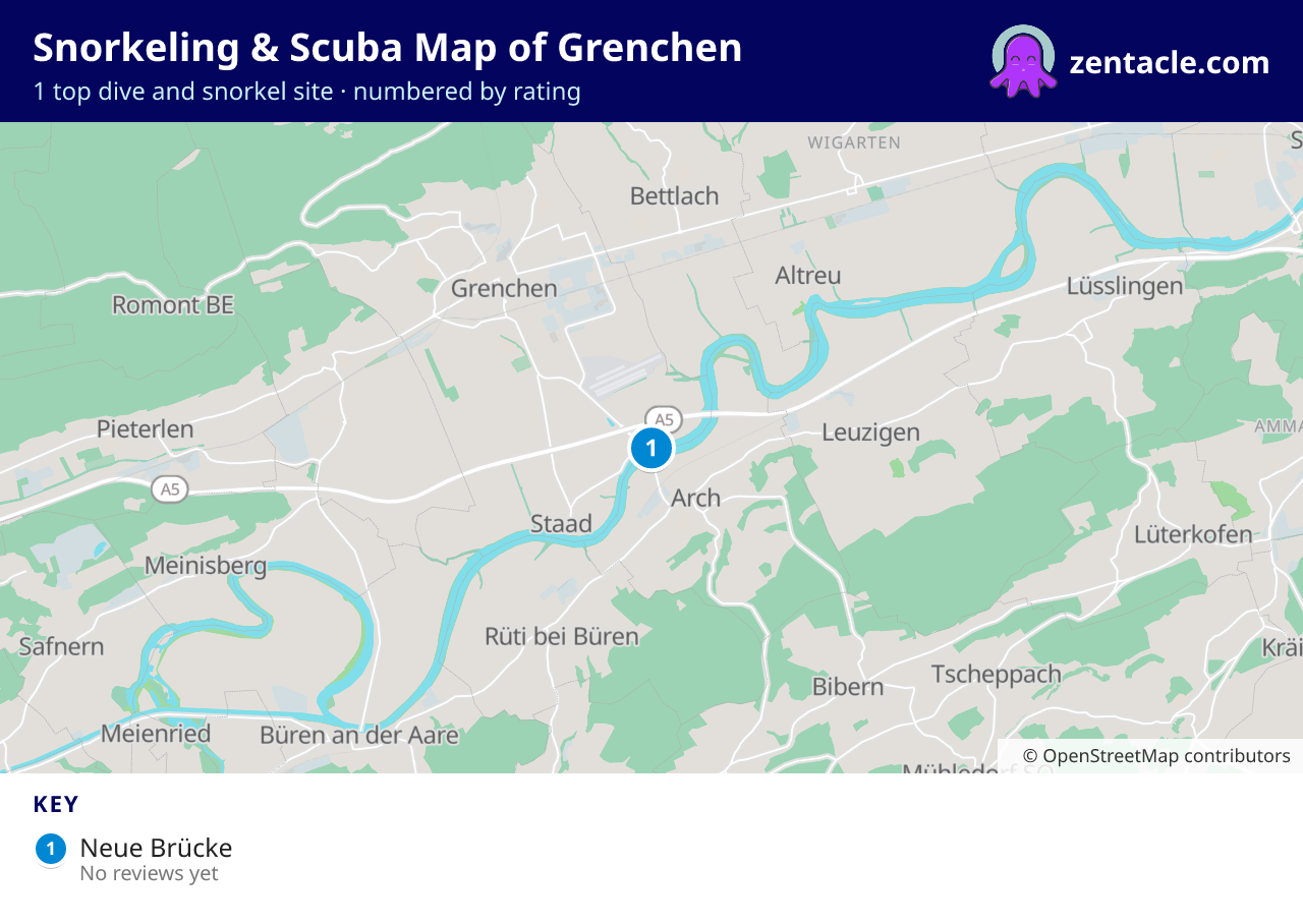 Snorkeling & Scuba Map of Grenchen: numbered map of the top 1 dive and snorkel sites, with ratings