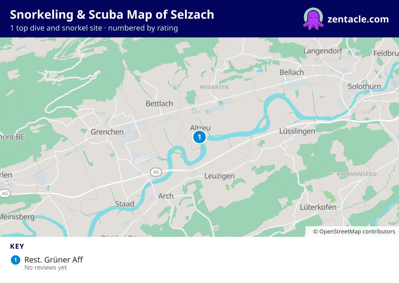 Snorkeling & Scuba Map of Selzach: numbered map of the top 1 dive and snorkel sites, with ratings