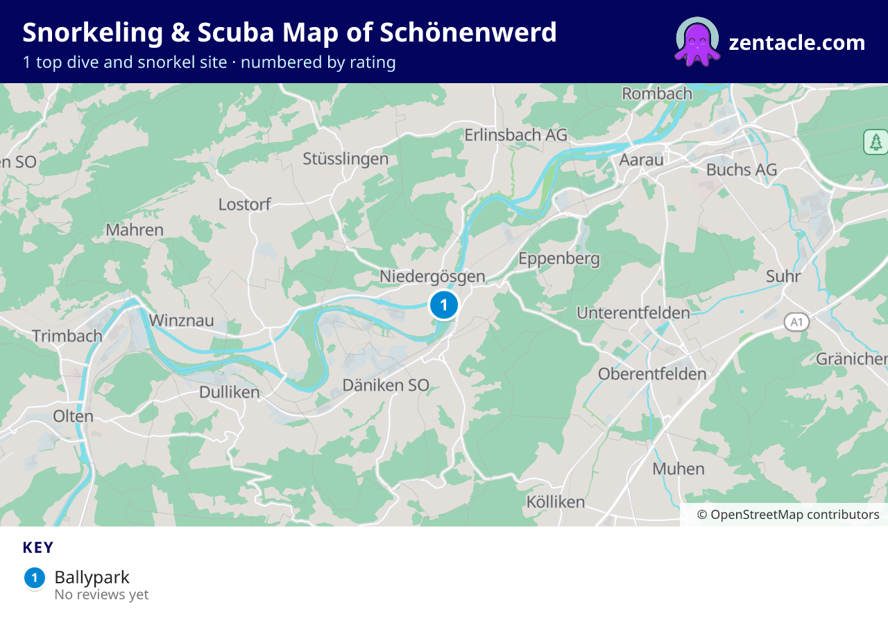 Snorkeling & Scuba Map of Schönenwerd: numbered map of the top 1 dive and snorkel sites, with ratings