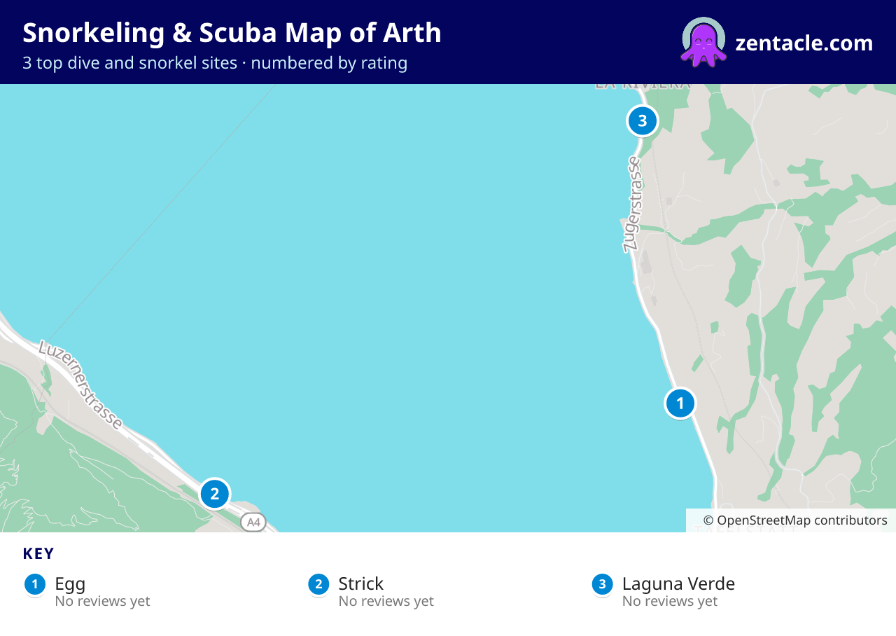 Snorkeling & Scuba Map of Arth: numbered map of the top 3 dive and snorkel sites, with ratings