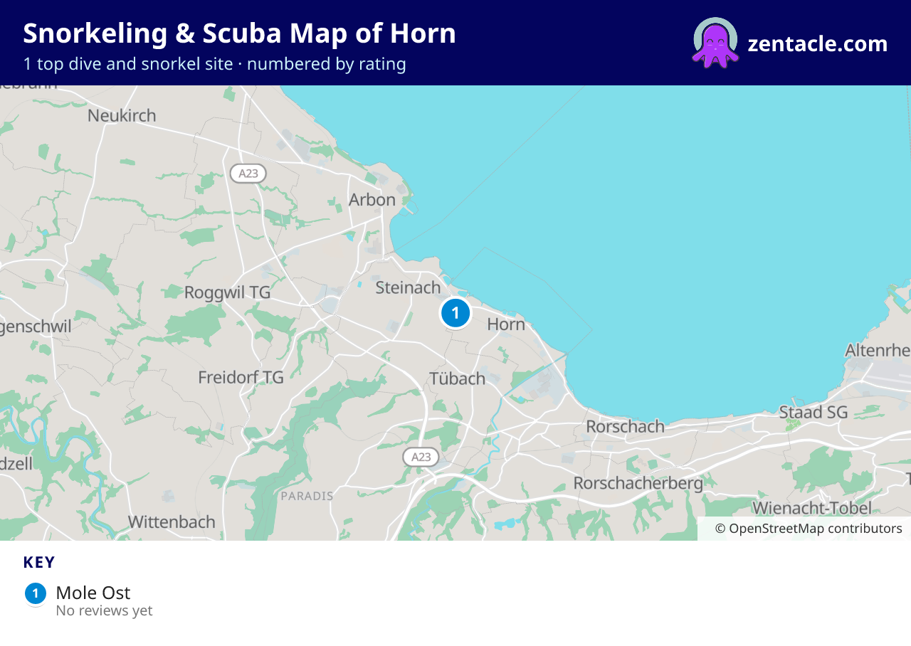 Snorkeling & Scuba Map of Horn: numbered map of the top 1 dive and snorkel sites, with ratings