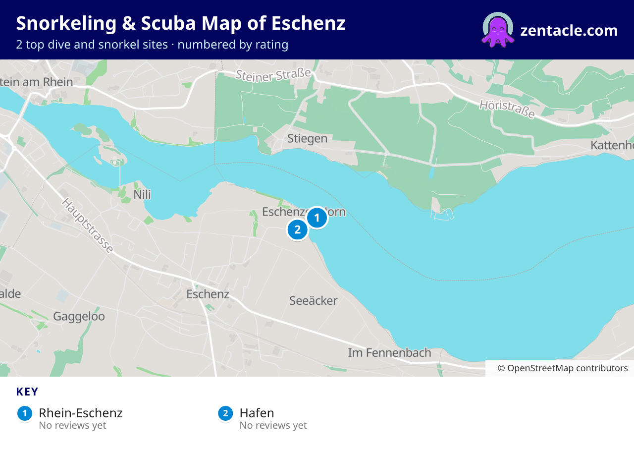 Snorkeling & Scuba Map of Eschenz: numbered map of the top 2 dive and snorkel sites, with ratings