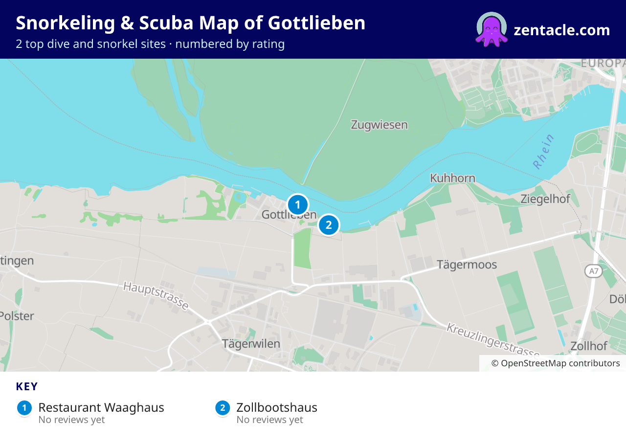 Snorkeling & Scuba Map of Gottlieben: numbered map of the top 2 dive and snorkel sites, with ratings