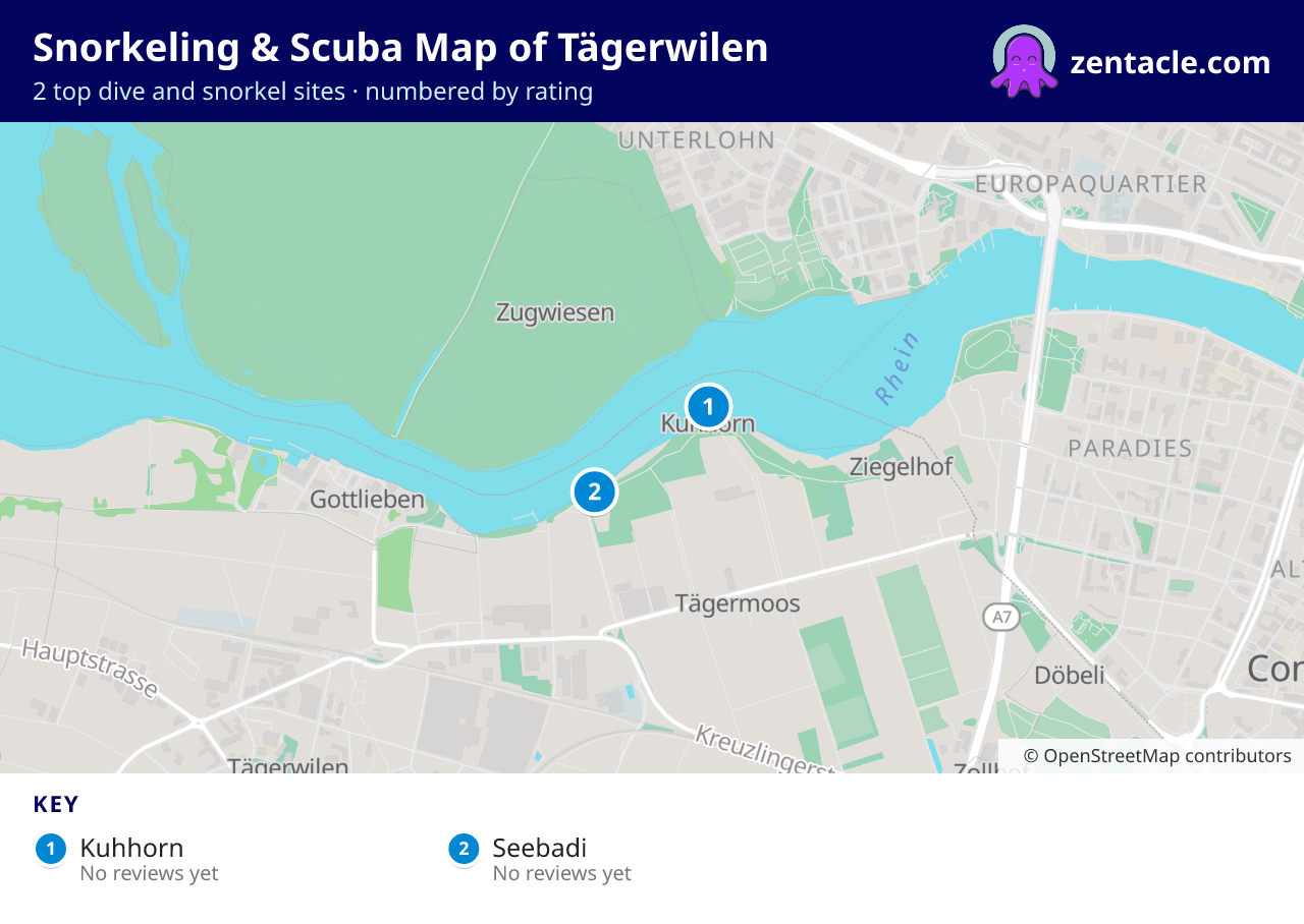 Snorkeling & Scuba Map of Tägerwilen: numbered map of the top 2 dive and snorkel sites, with ratings