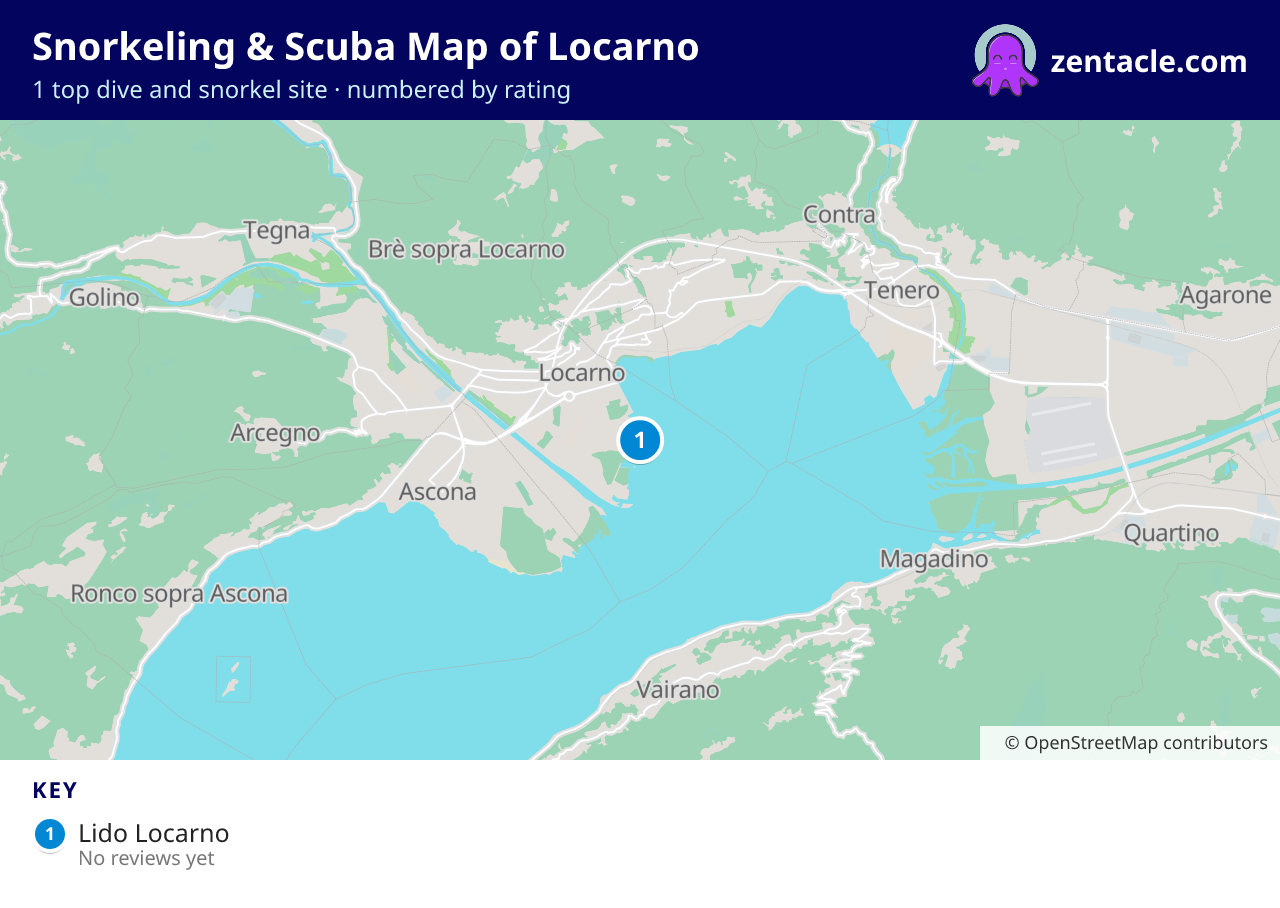 Snorkeling & Scuba Map of Locarno: numbered map of the top 1 dive and snorkel sites, with ratings