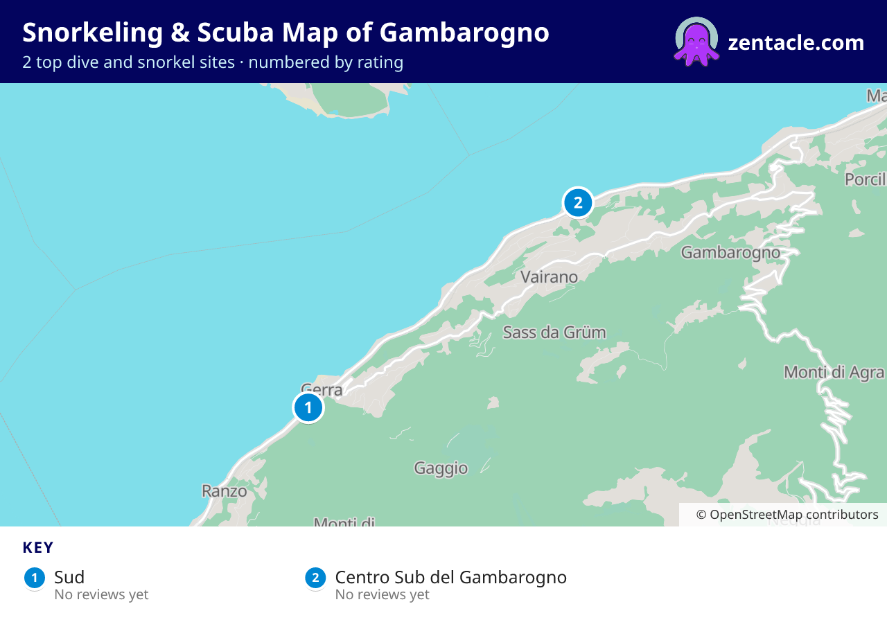 Snorkeling & Scuba Map of Gambarogno: numbered map of the top 2 dive and snorkel sites, with ratings