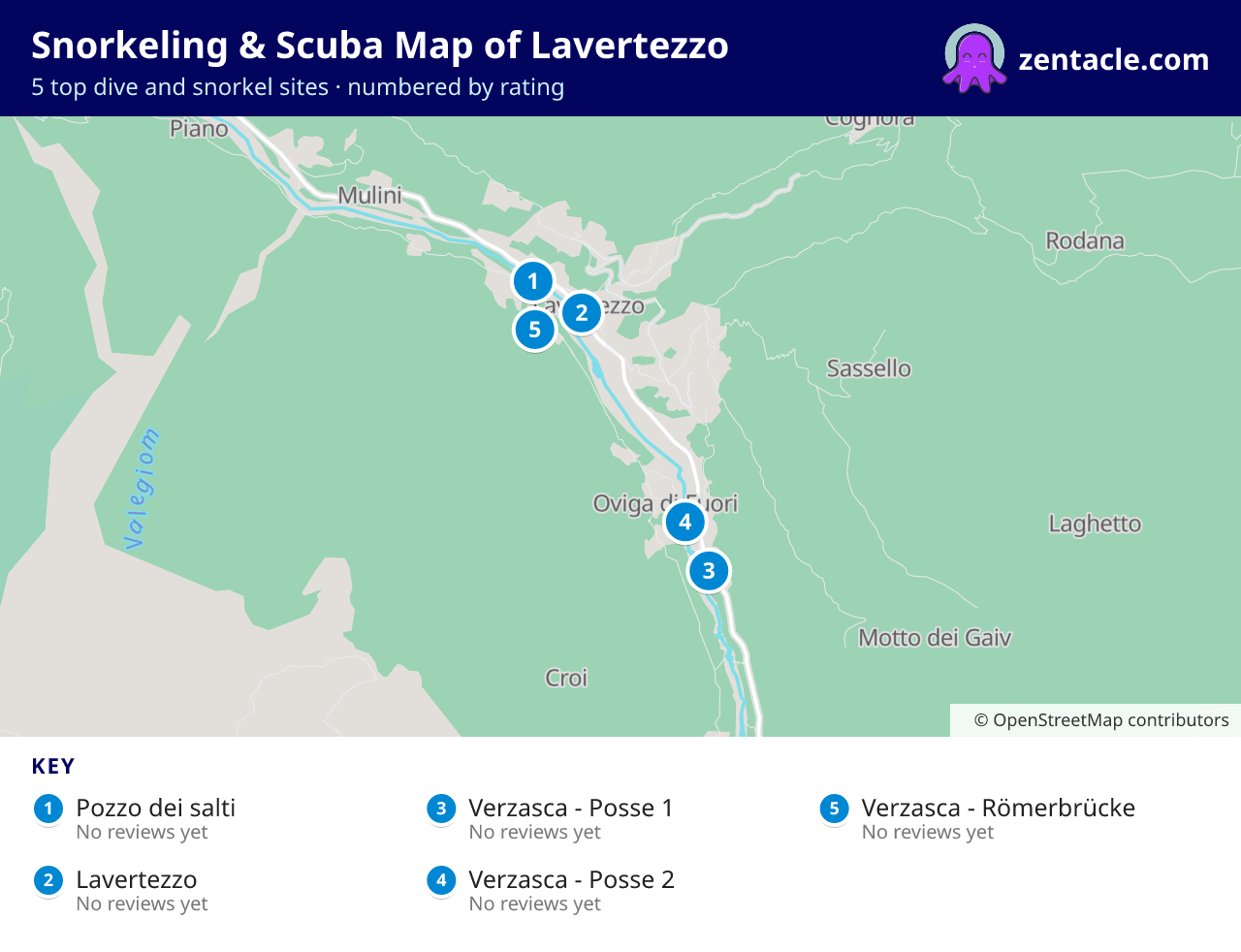Snorkeling & Scuba Map of Lavertezzo: numbered map of the top 5 dive and snorkel sites, with ratings