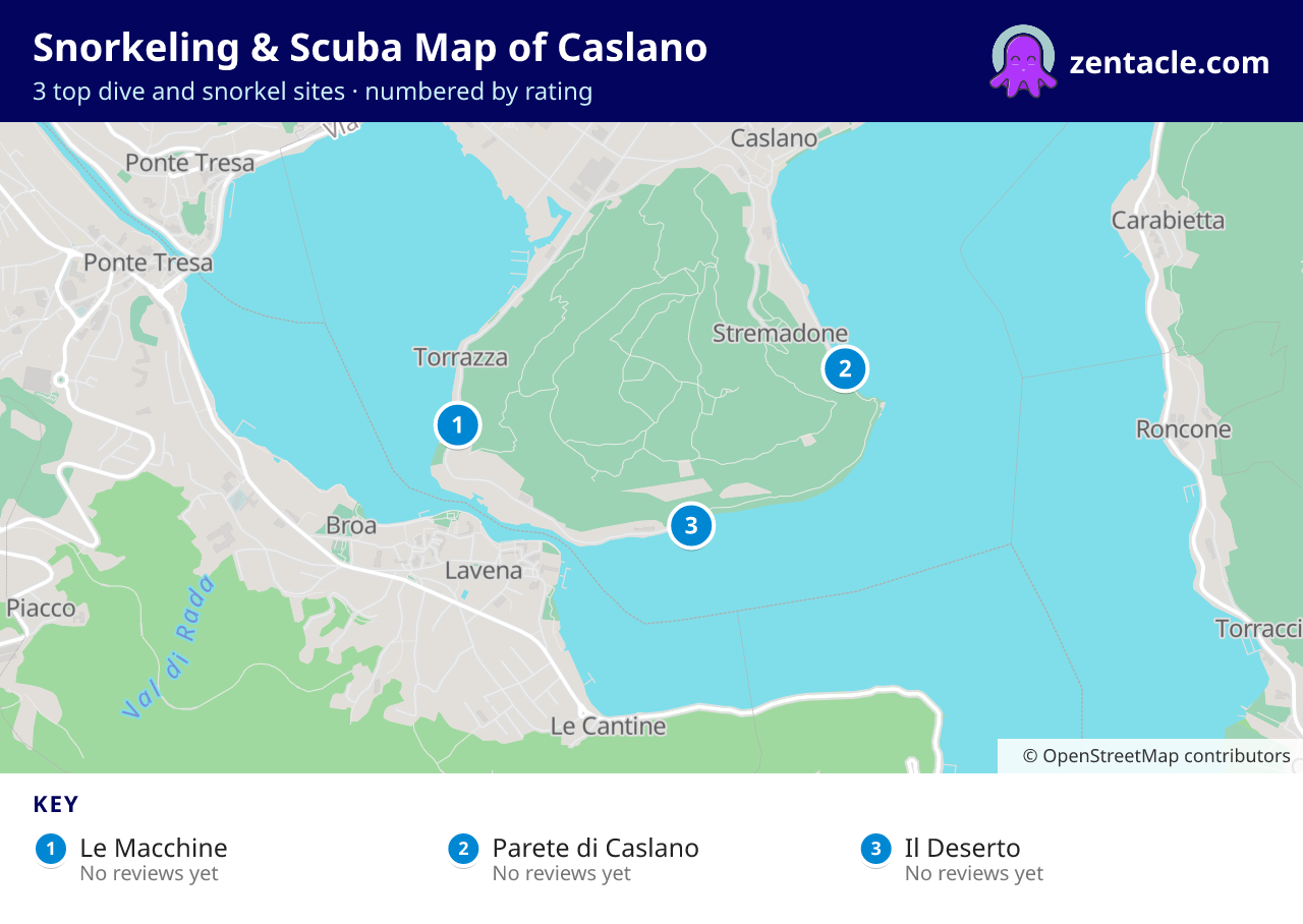 Snorkeling & Scuba Map of Caslano: numbered map of the top 3 dive and snorkel sites, with ratings