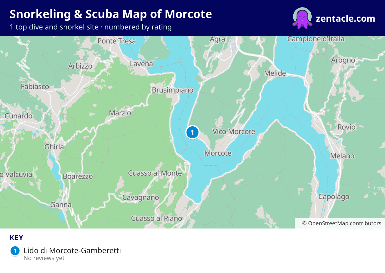 Snorkeling & Scuba Map of Morcote: numbered map of the top 1 dive and snorkel sites, with ratings