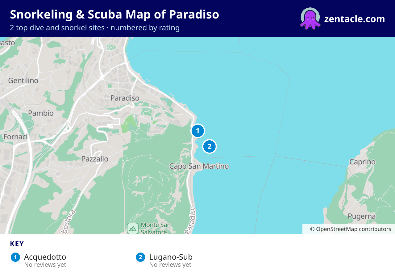 Snorkeling & Scuba Map of Paradiso: numbered map of the top 2 dive and snorkel sites, with ratings