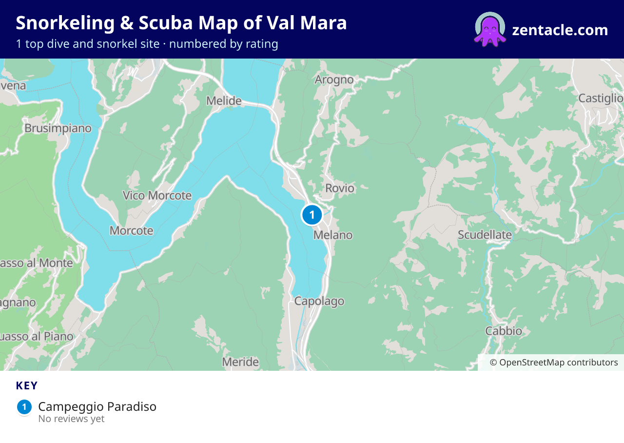 Snorkeling & Scuba Map of Val Mara: numbered map of the top 1 dive and snorkel sites, with ratings