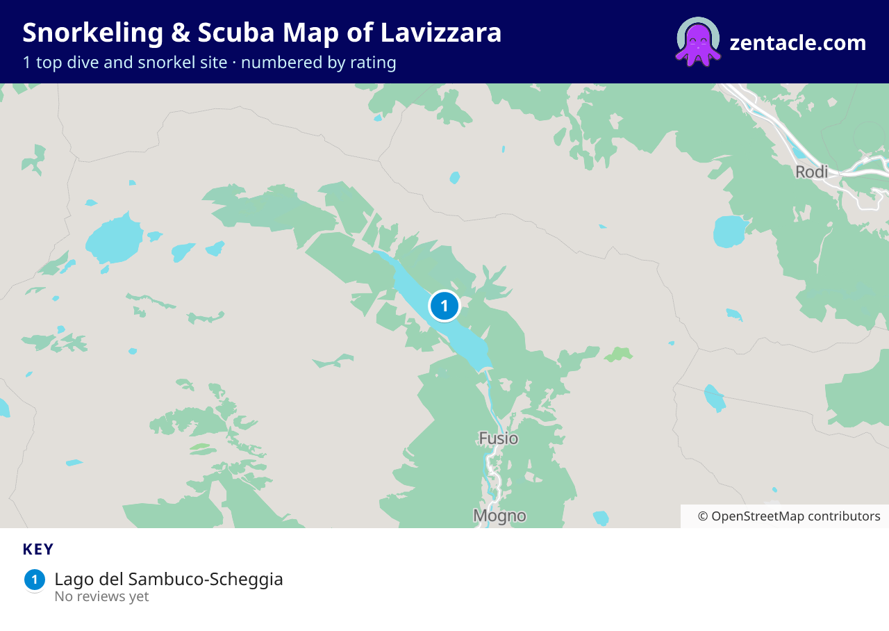 Snorkeling & Scuba Map of Lavizzara: numbered map of the top 1 dive and snorkel sites, with ratings