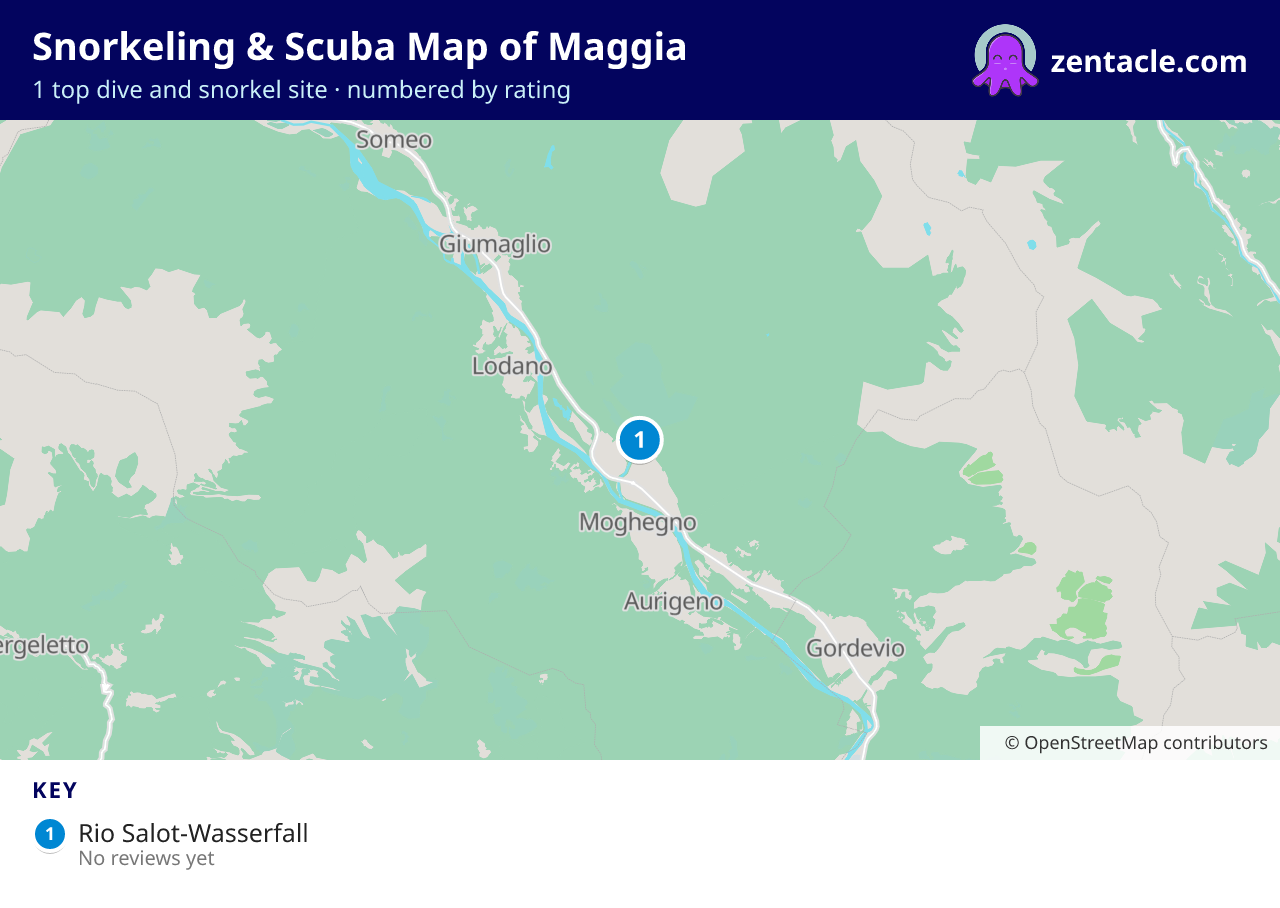 Snorkeling & Scuba Map of Maggia: numbered map of the top 1 dive and snorkel sites, with ratings