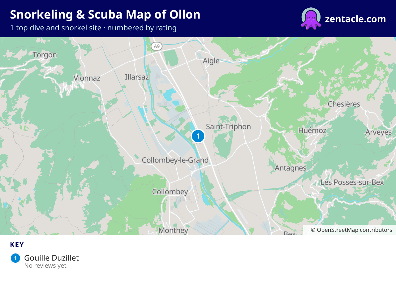 Snorkeling & Scuba Map of Ollon: numbered map of the top 1 dive and snorkel sites, with ratings