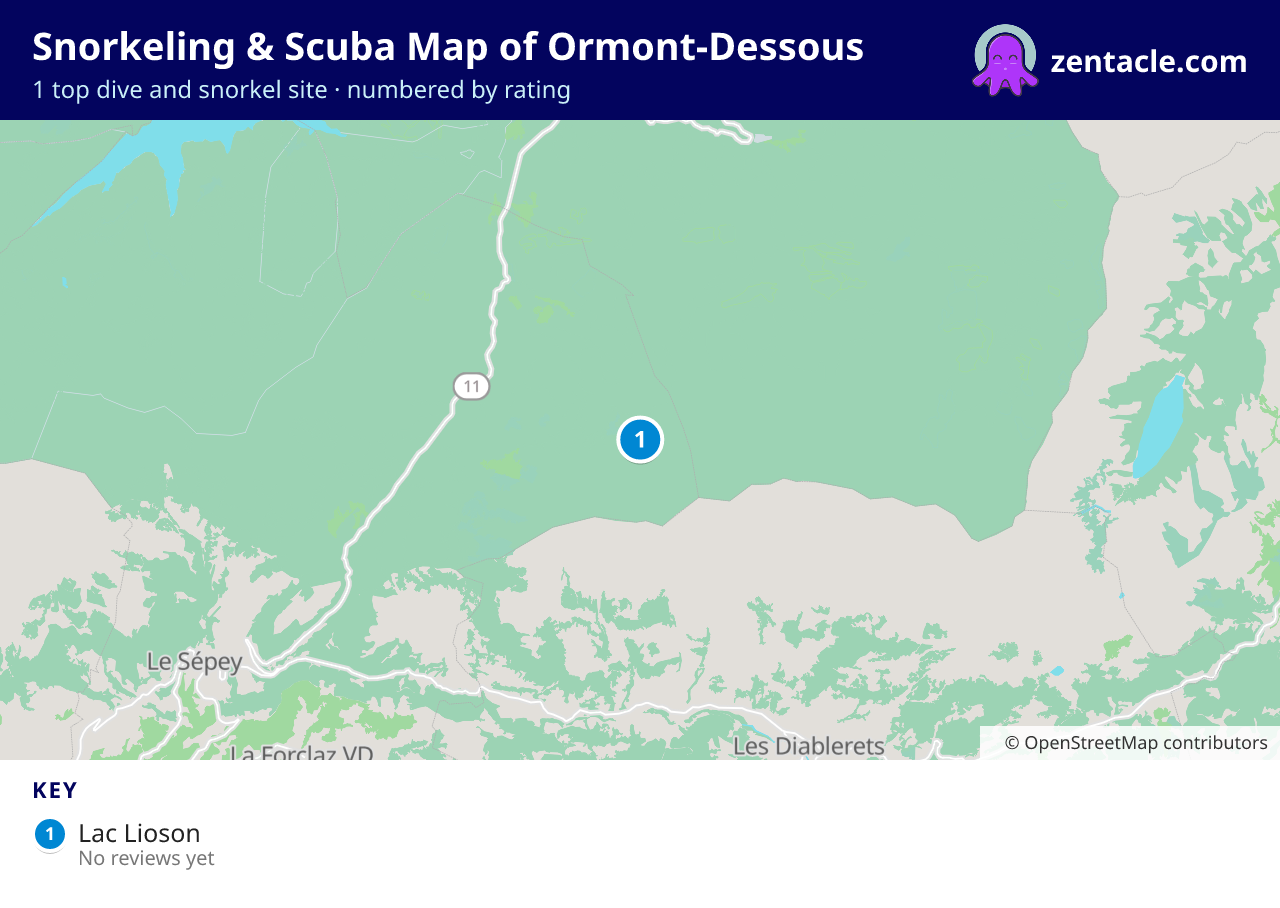 Snorkeling & Scuba Map of Ormont-Dessous: numbered map of the top 1 dive and snorkel sites, with ratings