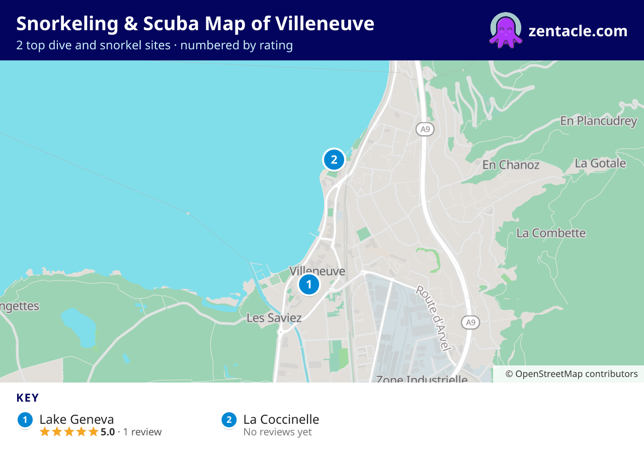 Snorkeling & Scuba Map of Villeneuve: numbered map of the top 2 dive and snorkel sites, with ratings