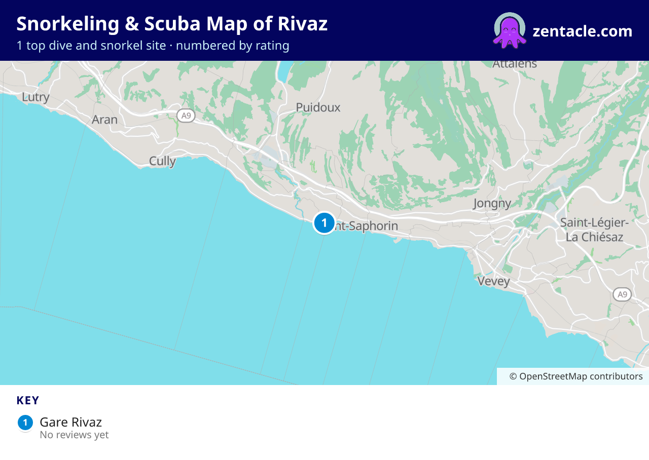 Snorkeling & Scuba Map of Rivaz: numbered map of the top 1 dive and snorkel sites, with ratings