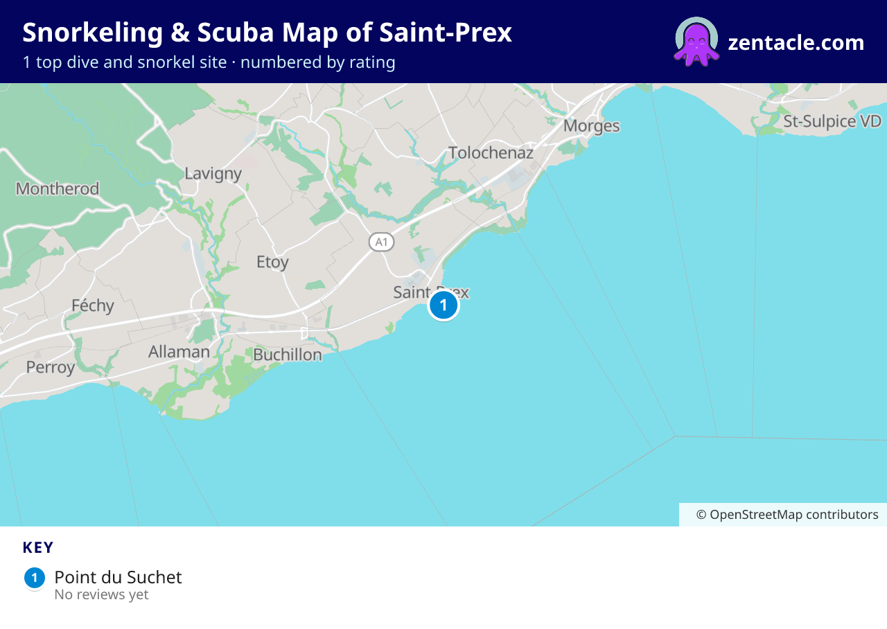 Snorkeling & Scuba Map of Saint-Prex: numbered map of the top 1 dive and snorkel sites, with ratings