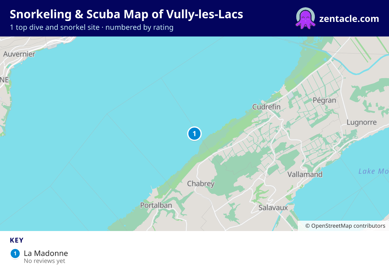 Snorkeling & Scuba Map of Vully-les-Lacs: numbered map of the top 1 dive and snorkel sites, with ratings