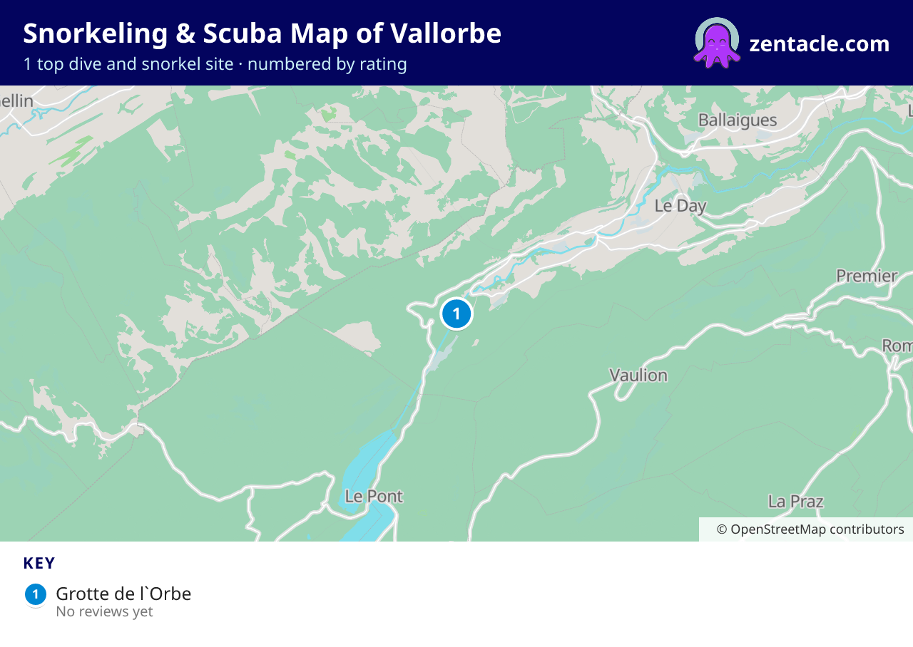 Snorkeling & Scuba Map of Vallorbe: numbered map of the top 1 dive and snorkel sites, with ratings