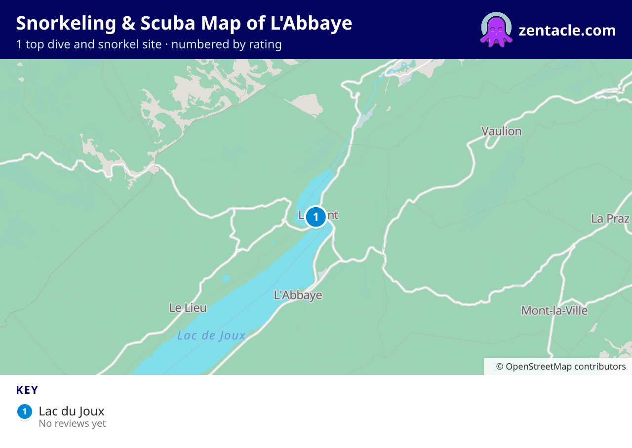 Snorkeling & Scuba Map of L'Abbaye: numbered map of the top 1 dive and snorkel sites, with ratings