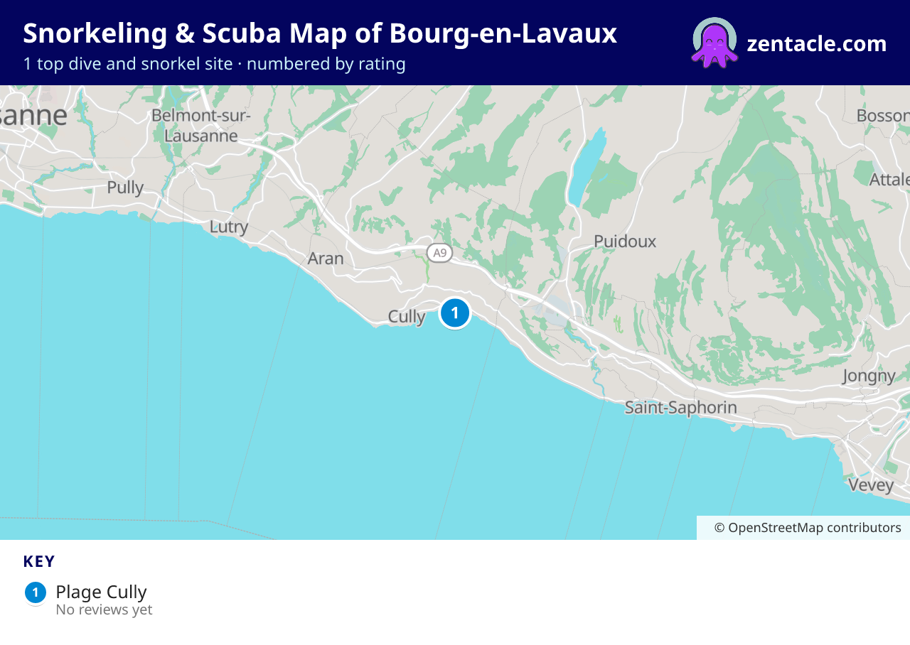 Snorkeling & Scuba Map of Bourg-en-Lavaux: numbered map of the top 1 dive and snorkel sites, with ratings