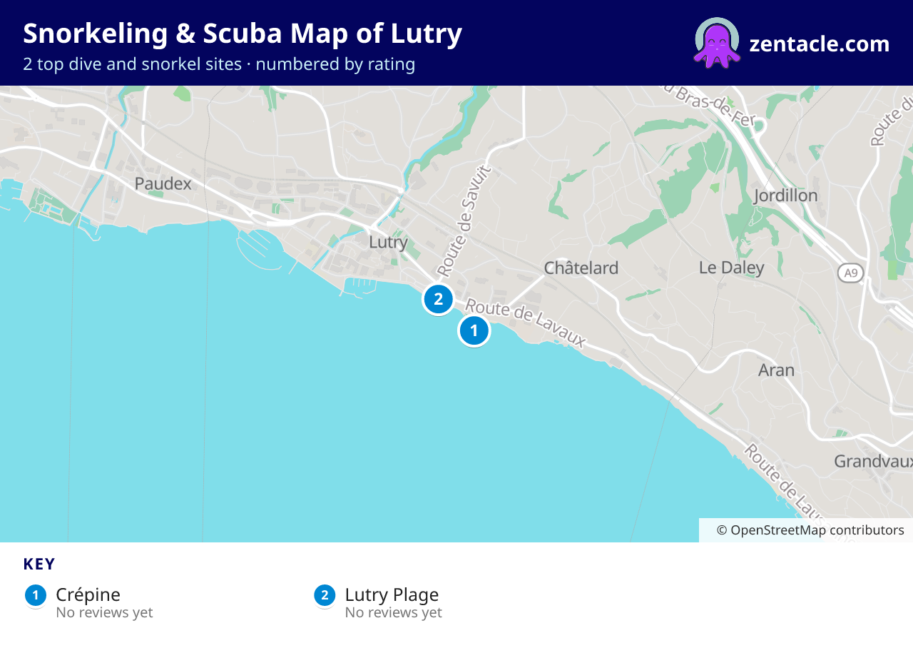 Snorkeling & Scuba Map of Lutry: numbered map of the top 2 dive and snorkel sites, with ratings