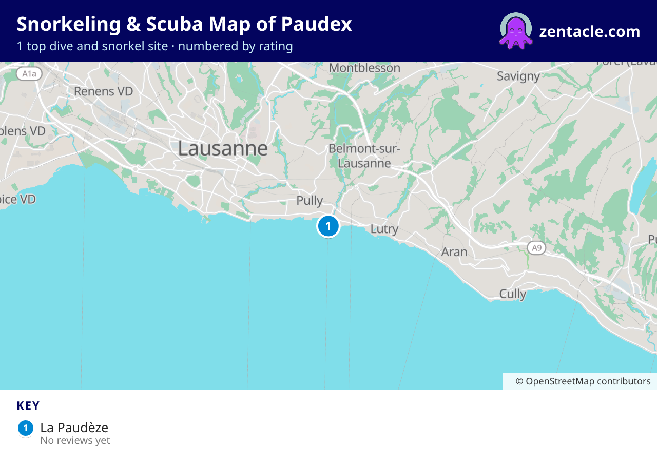 Snorkeling & Scuba Map of Paudex: numbered map of the top 1 dive and snorkel sites, with ratings