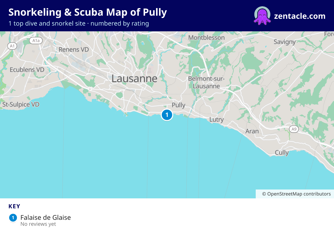 Snorkeling & Scuba Map of Pully: numbered map of the top 1 dive and snorkel sites, with ratings