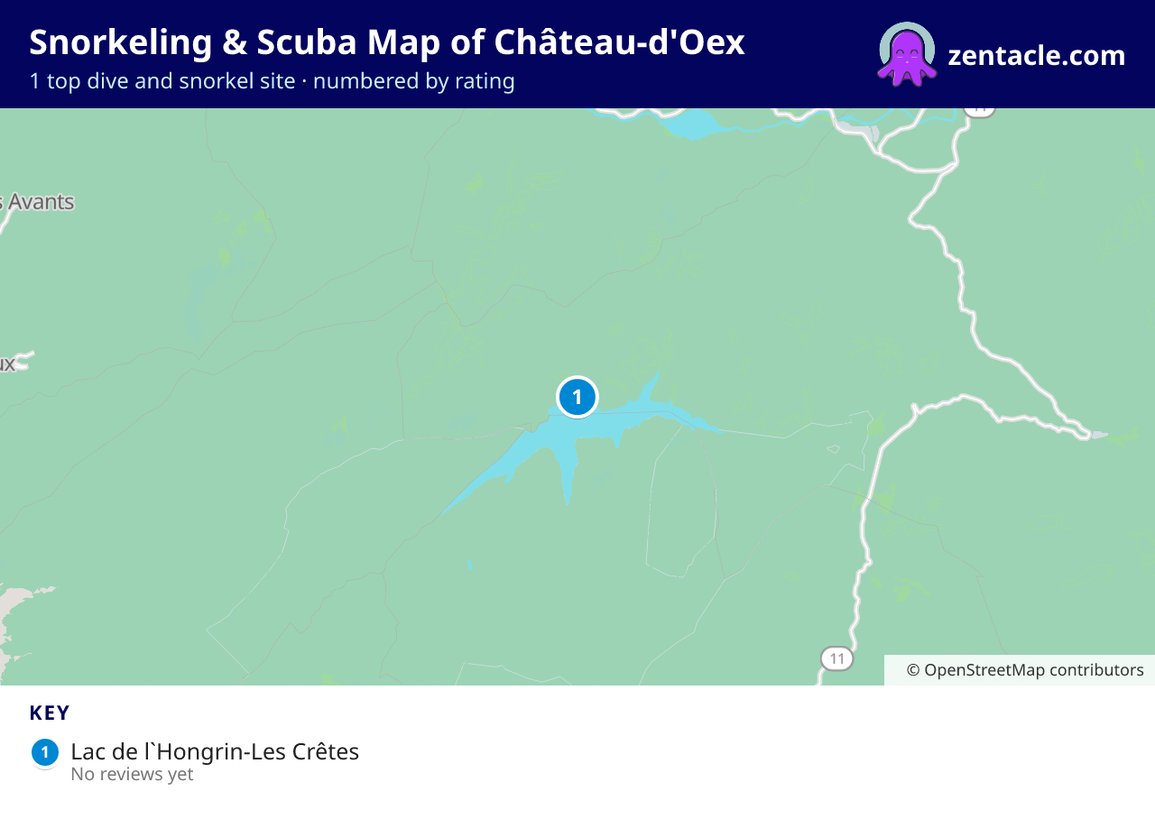 Snorkeling & Scuba Map of Château-d'Oex: numbered map of the top 1 dive and snorkel sites, with ratings