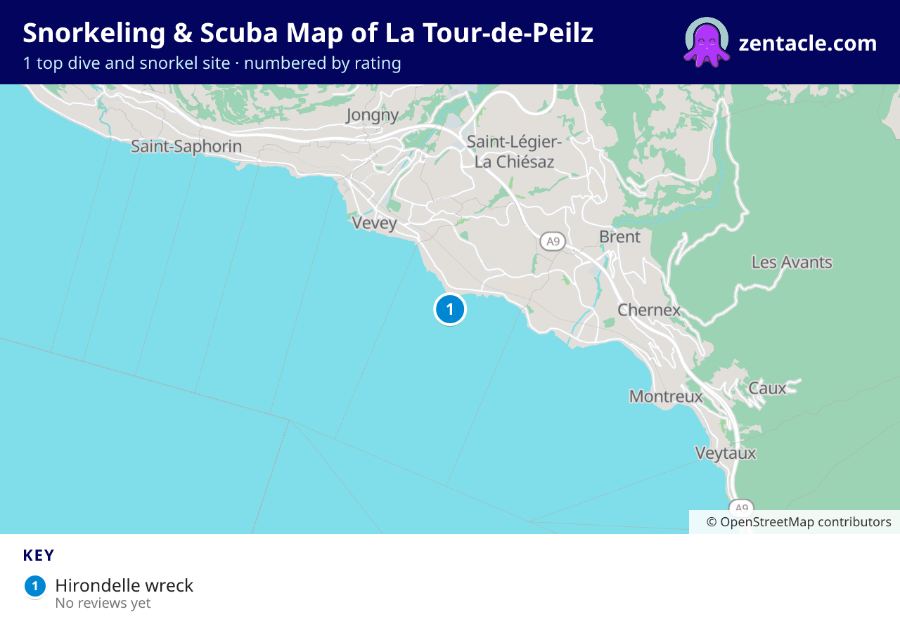 Snorkeling & Scuba Map of La Tour-de-Peilz: numbered map of the top 1 dive and snorkel sites, with ratings